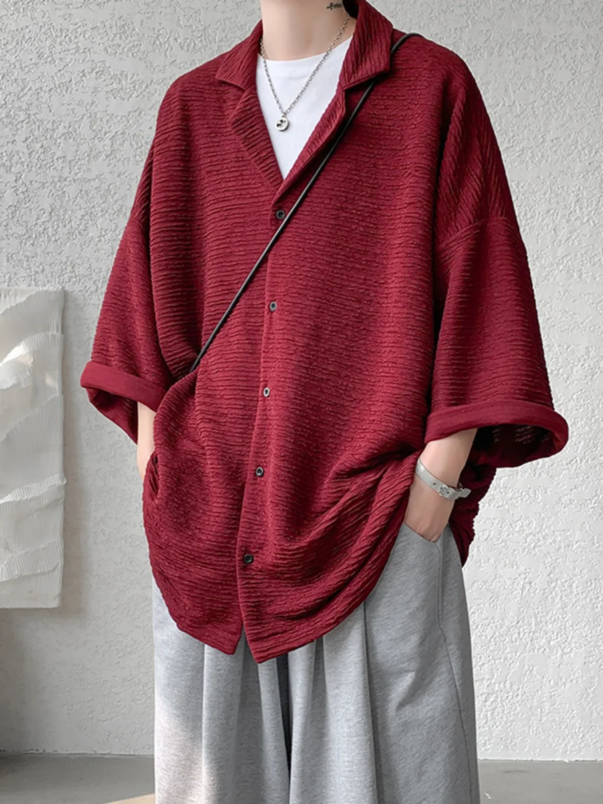 

Neapolitan Style Men's Shirt Ice Silk Thin Sleeve Summer Fashionable Loose Fit Button down Short Sleeve Pure Color Youth Trend