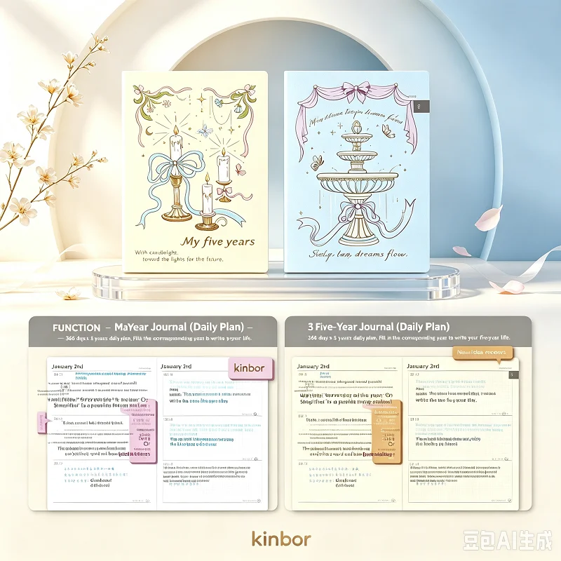 Kinbor A5 3 & 5 Year Undated Journal Planner Notebook,64g Premium Anti-seepage Ink Thick Paper,Exquisite Stationery Gift Notepad