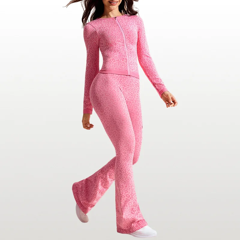 2 قطعة ملابس اليوغا النساء الرياضة مجموعة عارية الذراعين ليوبارد سحاب أكمام طويلة معطف متوهج السراويل رياضة الجري تجريب الملابس ملابس رياضية