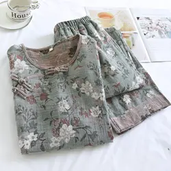 Retro Floral Pyjamas For Women Nightwear Pure Cotton Long Sleeve Lounge Set 2 Piece Set Women's Home Clothes Home Suit