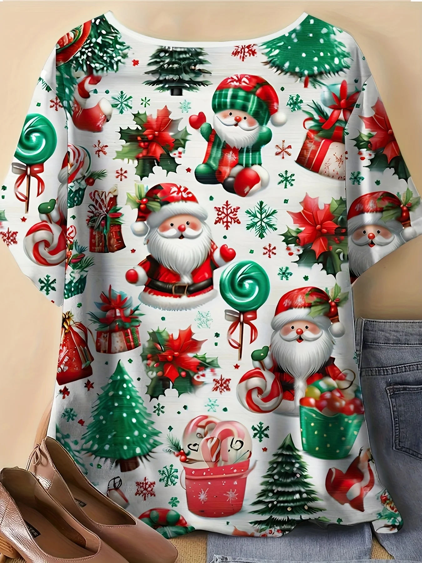  Women's Large Elegant Double-Sided Christmas Print T-Shirt Gingerbread Candy Canes Snowflakes Santa Claus Design Y2k Clothes