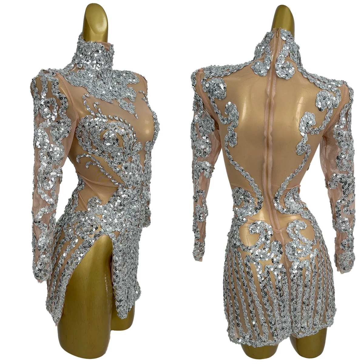 

Sparkly Sequins Mesh High Side Slits Ultra Short Dress Women Sexy Celebrate Night Party Outfit Dance Performance Dress Raoquan