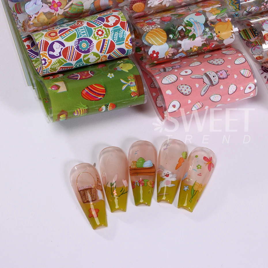 10pcs Easter Egg Bunny Designs Transfer Foils Nail Art Stickers carta adesiva unghie avvolge Manicure fai da te decalcomanie decorazione per unghie