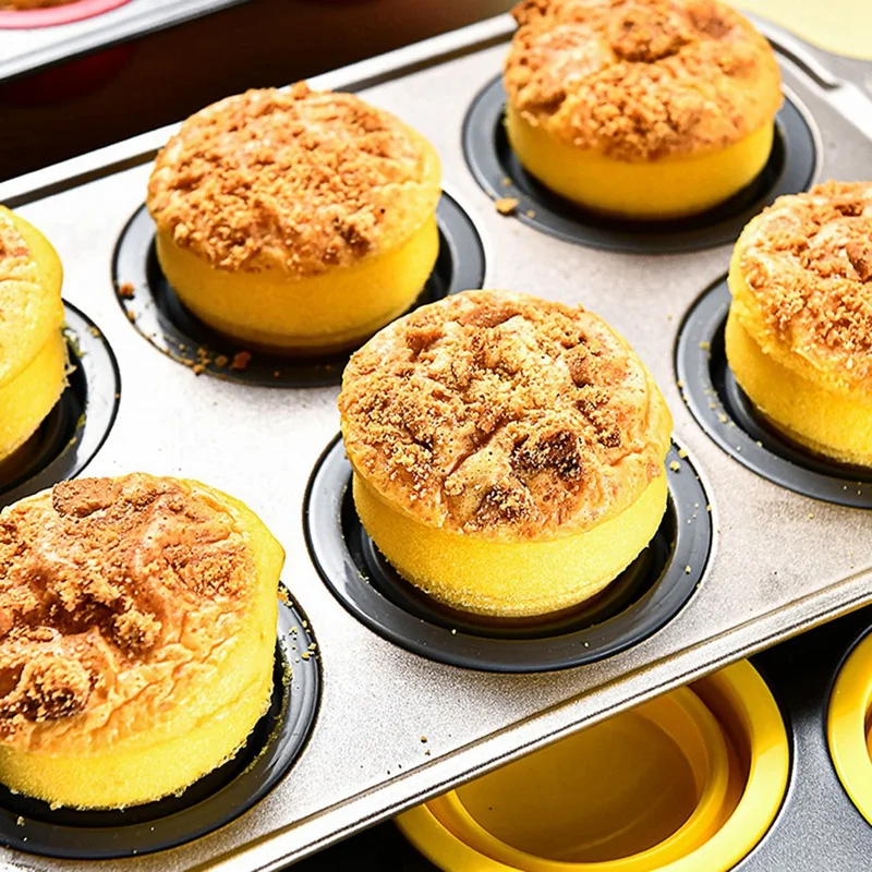 Panci Muffin silikon dengan bingkai logam, cetakan silikon pembuat gigitan telur untuk memanggang, wajan Cupcake 12 ukuran biasa