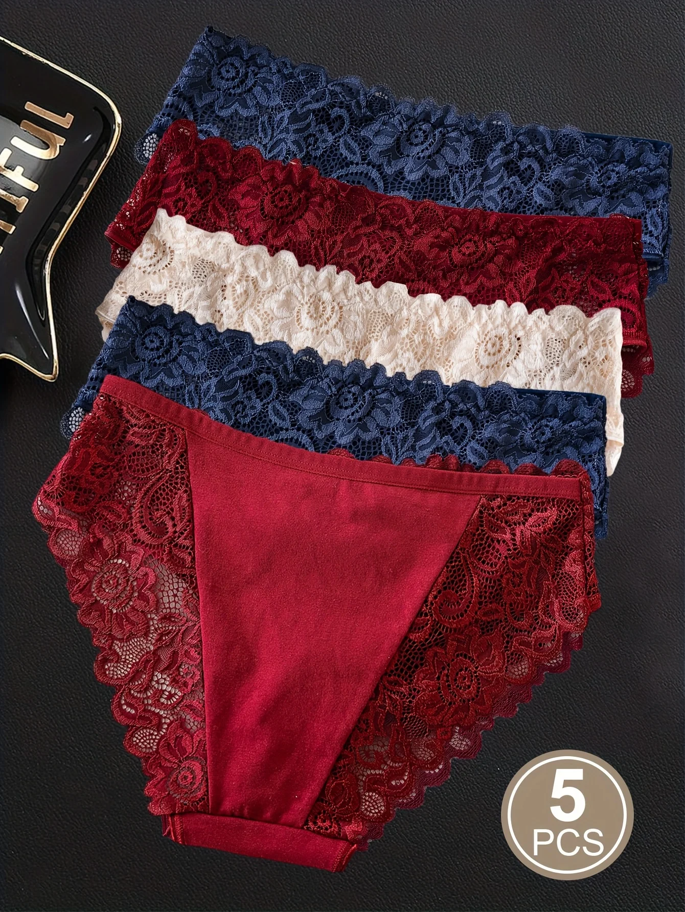 5‑Pack Solid Color Hollow Floral Lace Women's Embroidered Underwear, Comfortable Briefs