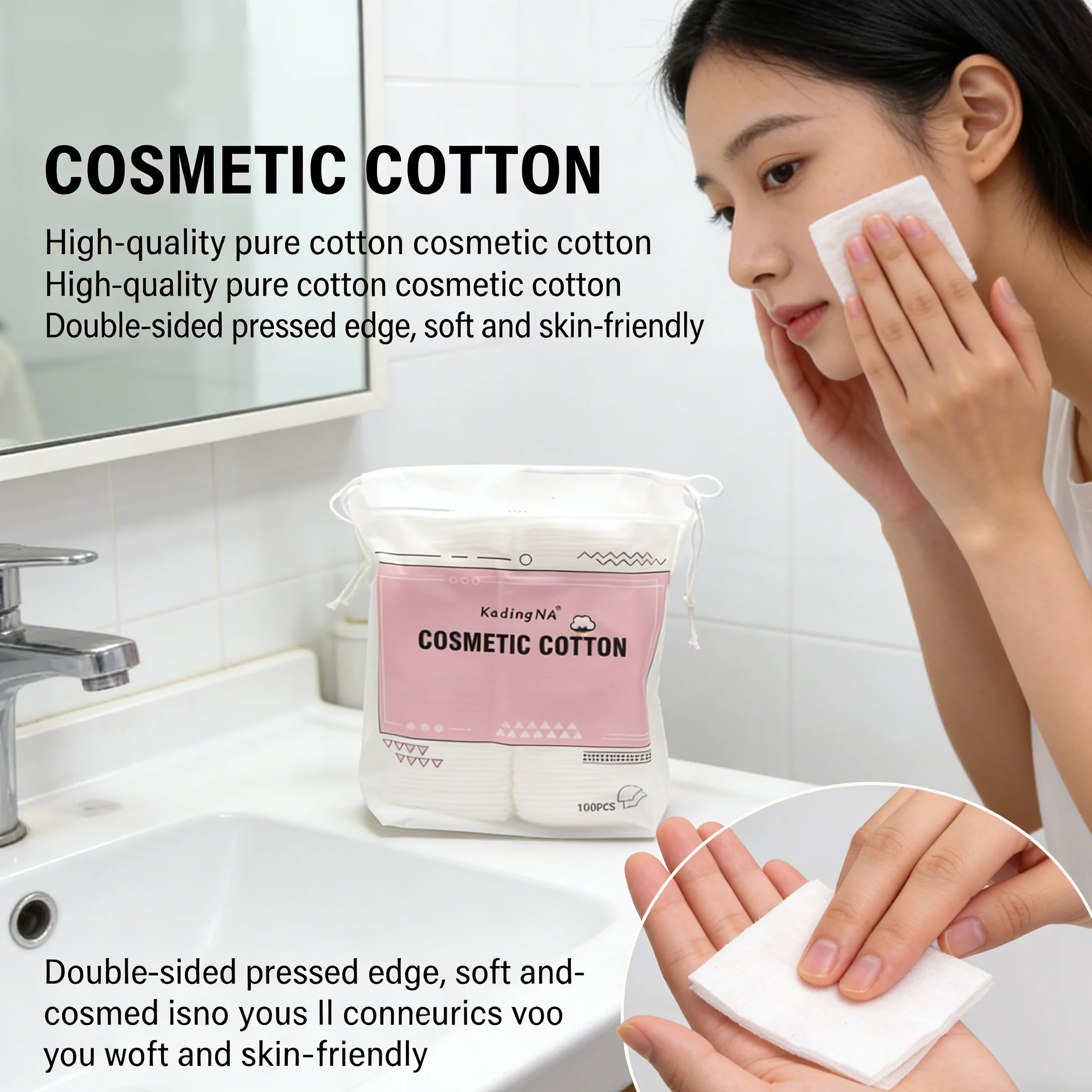 100 pieces of double-sided cotton makeup pads, thick-edged removal pads, providing gentle and comfortable daily skincare.