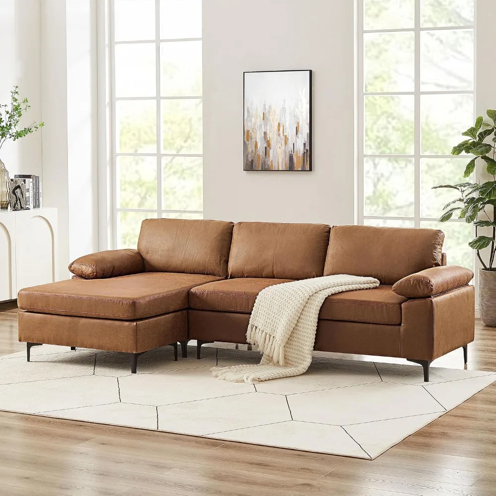 

100" sectional sofa, faux leather mid-century reversible sofa, L-shaped 3-seater sofa with chaise longue for living room, brown