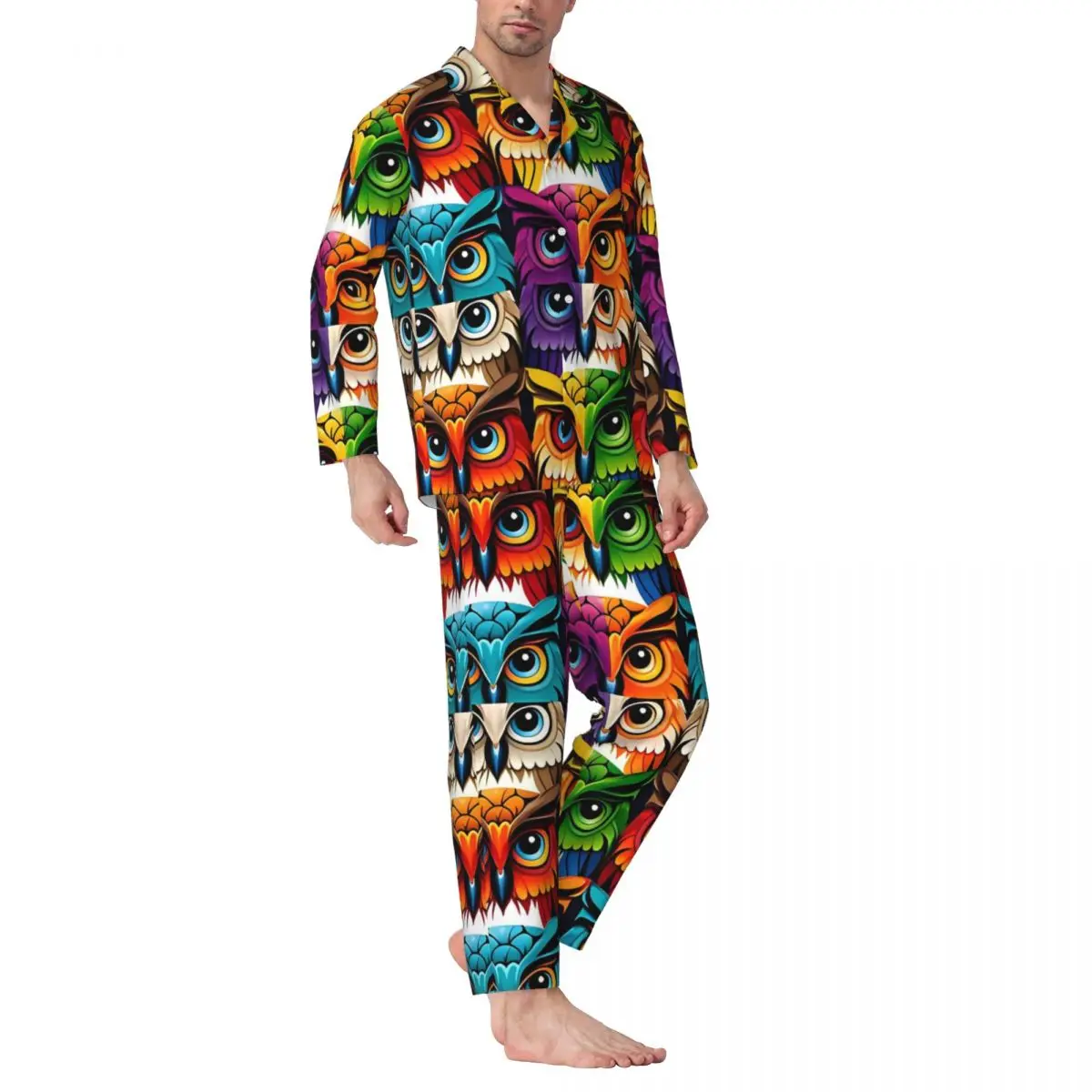 Colorful Bold Owl Sleepwear Autumn animal Vintage Oversized Pajama Sets Men Long Sleeves Kawaii Room Design Nightwear