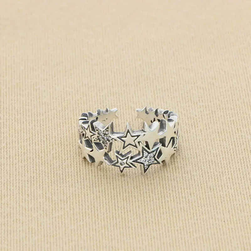 Open mouth male trendsetter fresh Korean 925 sterling silver minimalist temperament pentagonal star open ring fresh female ring