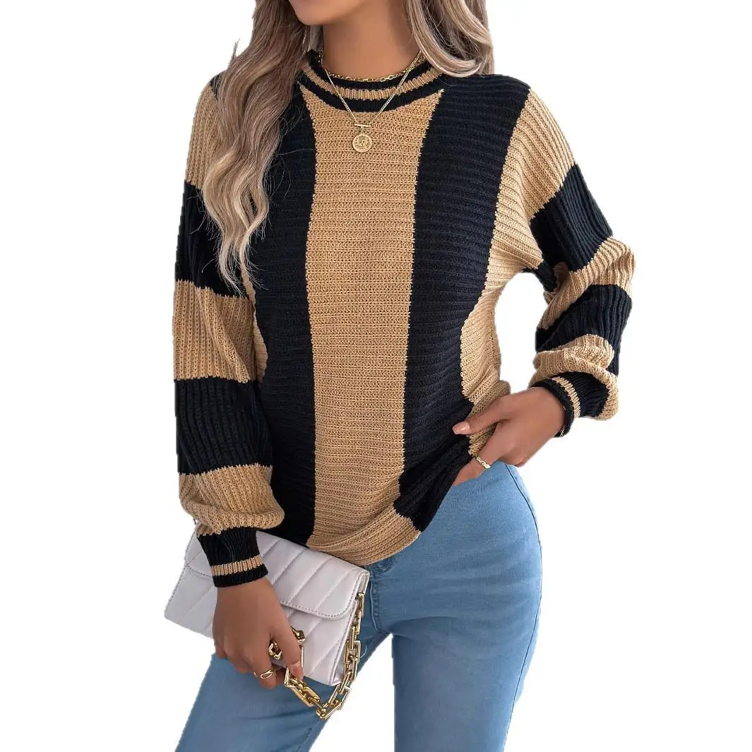 Casual Stripe Long Sve Overhead Sweater Autumn Winter Women's Faion Cross-Border Lantern Sve Knitwear Comfortable Fit