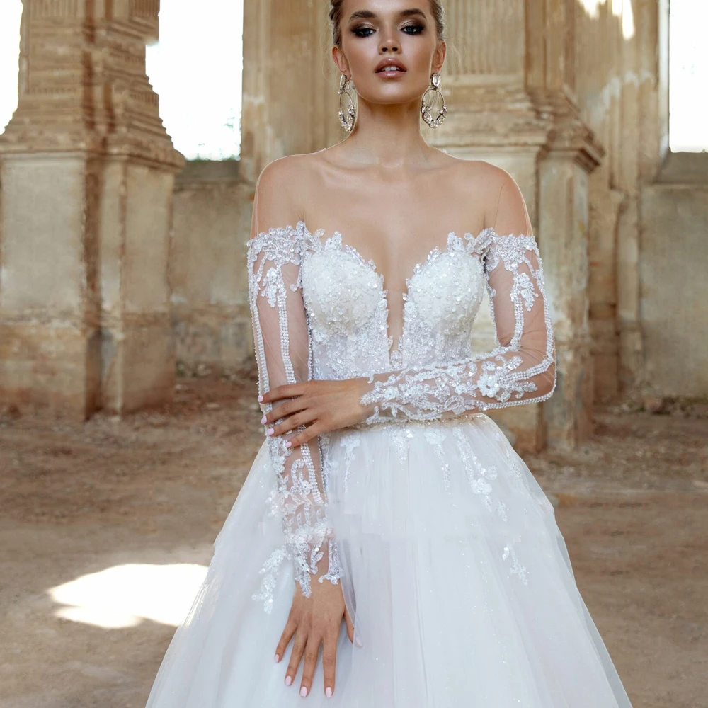 Sommer elegante Tüll Frauen Brautkleider A-Linie Brautkleider romantische helle Stoff Wisch länge Prinzessin Vestidos de Novia