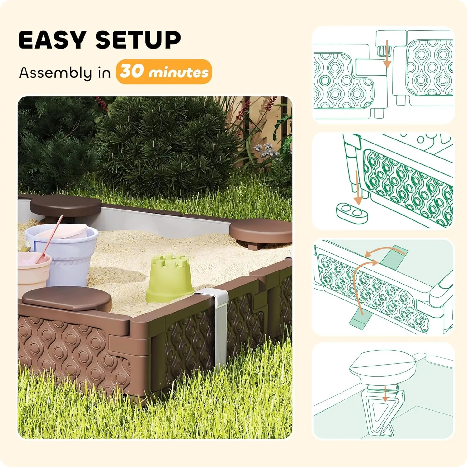 Sandbox per bambini con coperchio, fossa di sabbia da 47 "con rivestimento inferiore impermeabile, 4 sedili incorporati, scatola di sabbia per esterni resistente alle intemperie fo