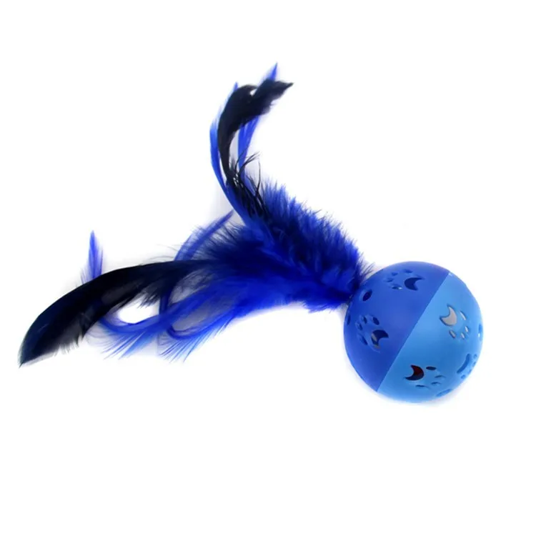 Cat Toy Plastic Paw Print Bell Ball with Feathers Interactive Teasing Cat Pet Toy