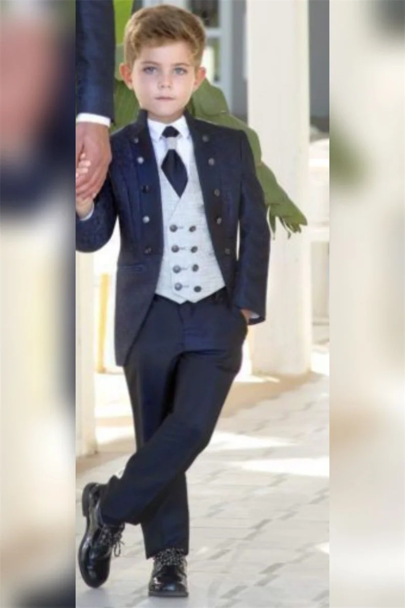 Schwarzer Jacquard-Jungenanzug, 2-teiliges Set, Perlen-Hochzeits-Smoking für Kinder, Party, Jacke, Hose, 2–16 Jahre alt, formelle Anzug-Anpassung