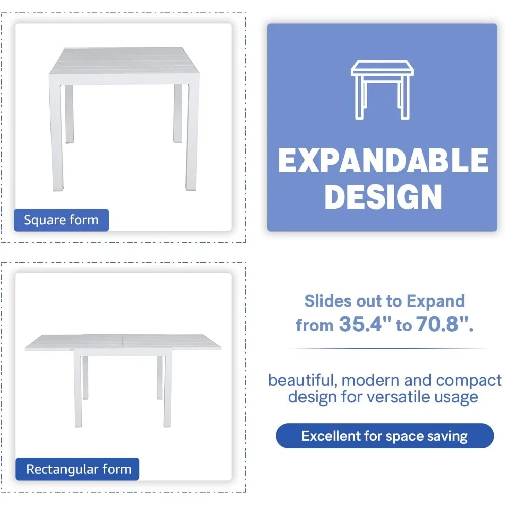 Ensemble de salle à manger pour l'extérieur, 6 chaises empilables avec coussins gris, table à manger extensible en aluminium, 7 pièces