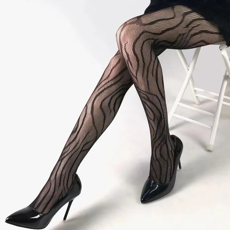 1 Paar einfarbige, gewellte Damenstrümpfe, modische, sexy Spitze, atmungsaktive Netzstrumpfhose