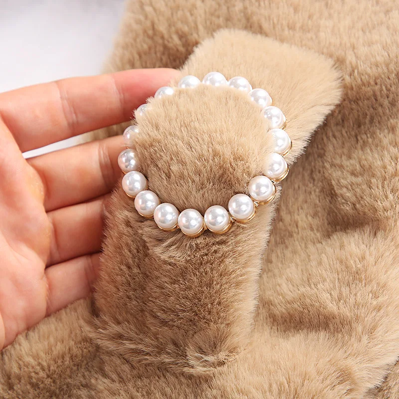 Korean Faux Rabbit Fur Collar Pearl Button Cross Plush Scarf Female Winter Double Sided Thick Neck Protection Warm Shawl T40