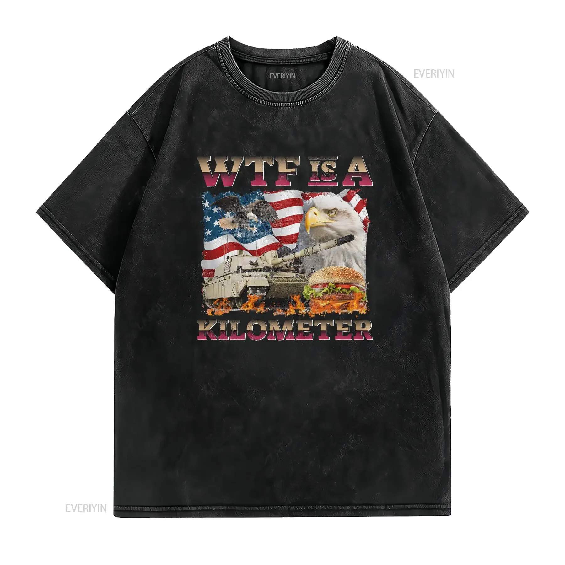Vintage Funny Patriotic USA Bald Eagle American Flag Tank Hamburger Print Casual Streetwear T Shirt vintage Washed Breathable