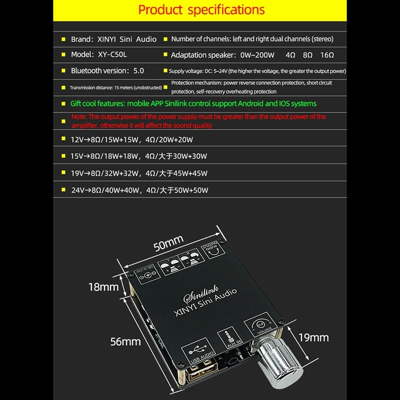 デジタルワイヤレスオーディオアンプ,Bluetooth 5.0,ステレオボード,50W x 2, 3.5mm, USB, XY-C50L