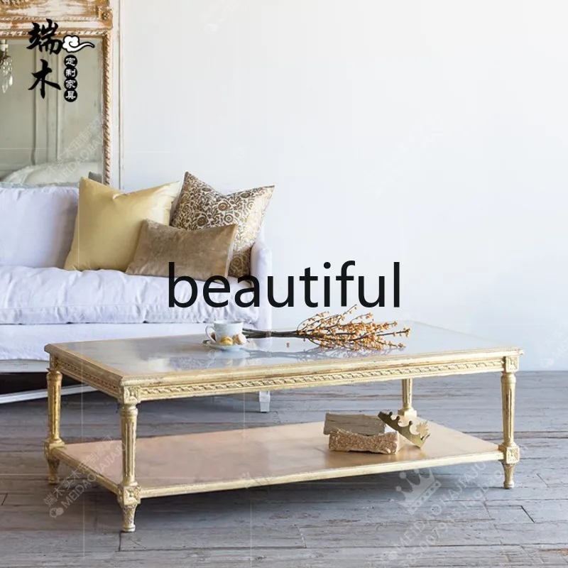 French solid wood retro gold old coffee table rectangular living room double layer carved coffee table antique furniture