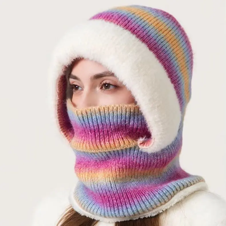 Women's Winter Knit One-Piece Hat Striped Outdoor Thick Cold-Weather Hat Integrated Neck Warmer Face Mask Fleece Lining.