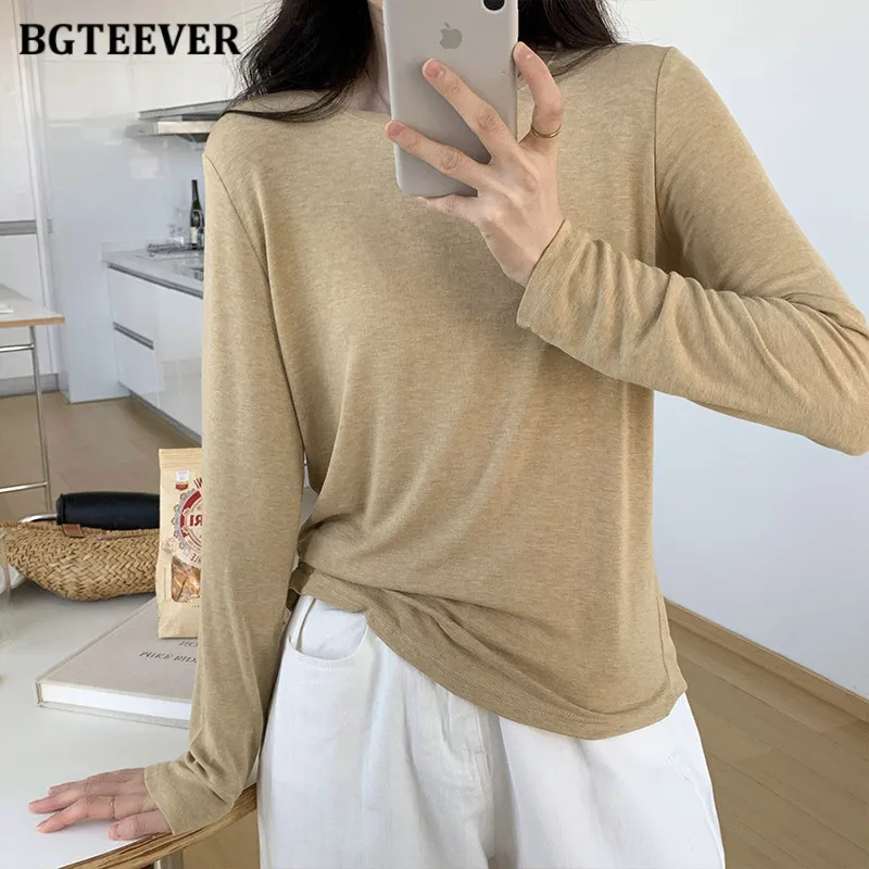 BGTEEVER Spring Autumn Cotton Loose T-Shirt Women Causal Knitted Long Sleeve Tee Shirts Female Loose Black White Tops