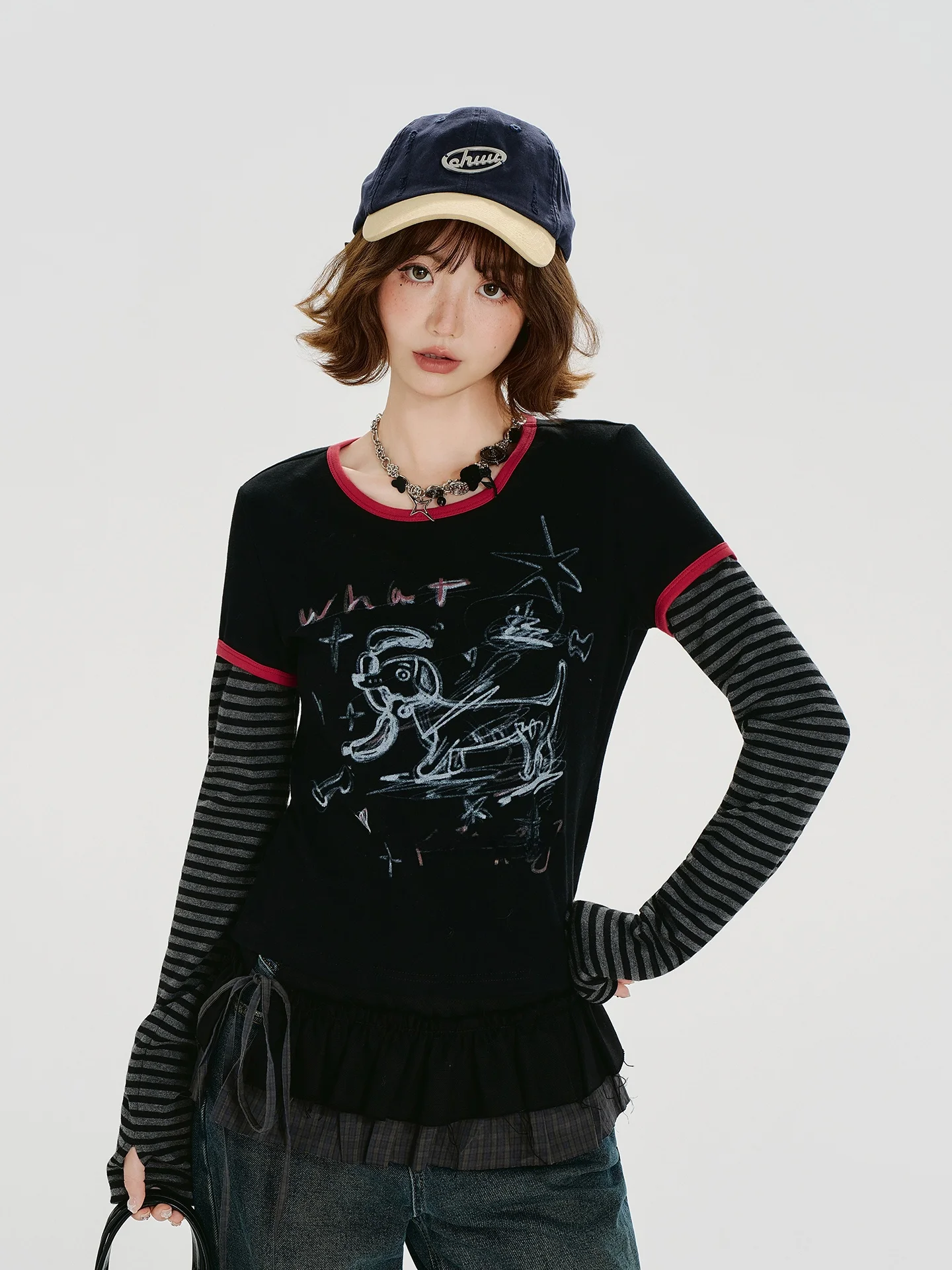 

Девчачья американская футболка в полоску в стиле ретро с принтом, облегающая длинная футболка све, женская осенняя новинка, повседневный топ с эффектом похудения Faion