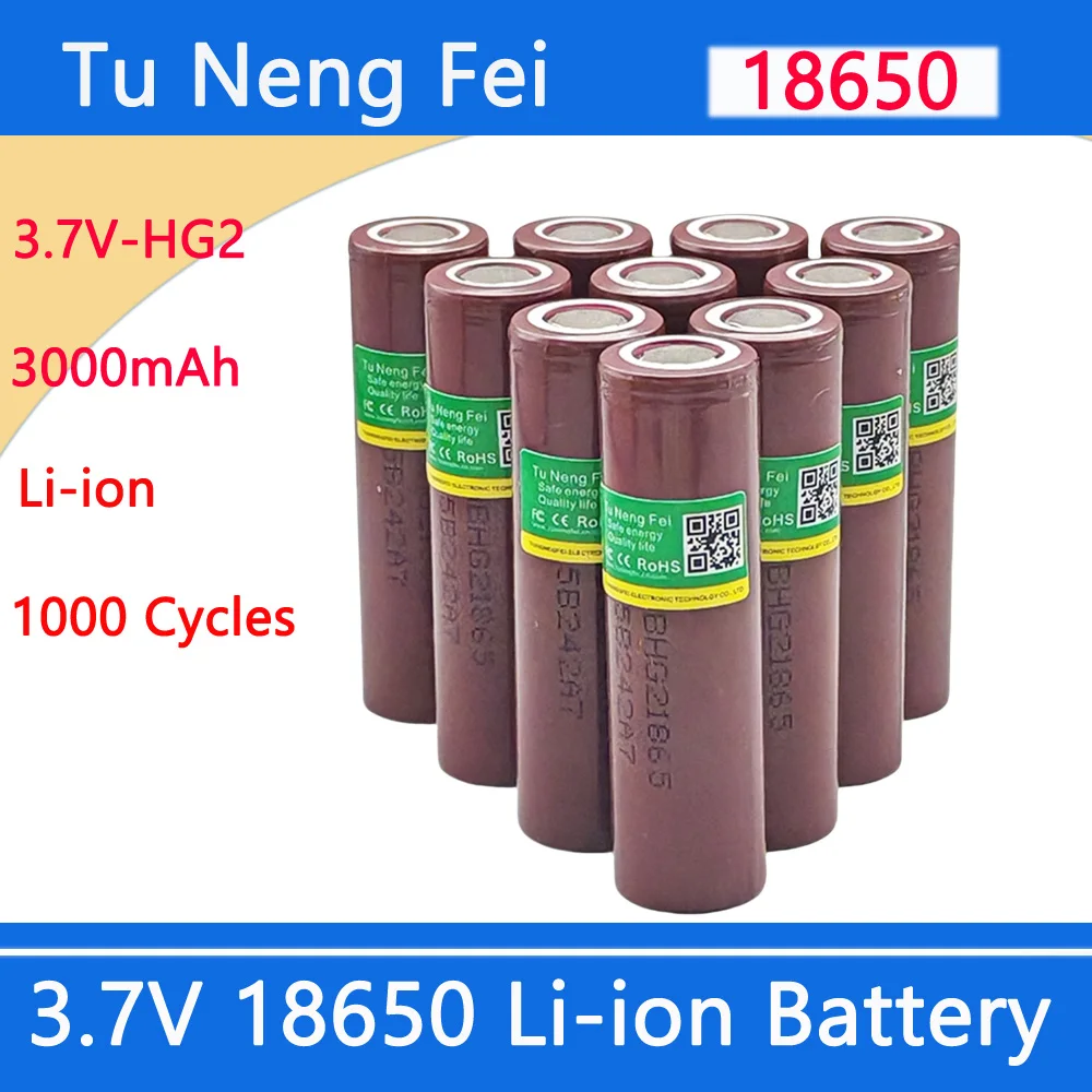 Tu Neng Fei 100% New HG2 18650 3000mAh Rechargeable battery 18650HG2 3.7VLithium Rechargeable Battery Power batteries
