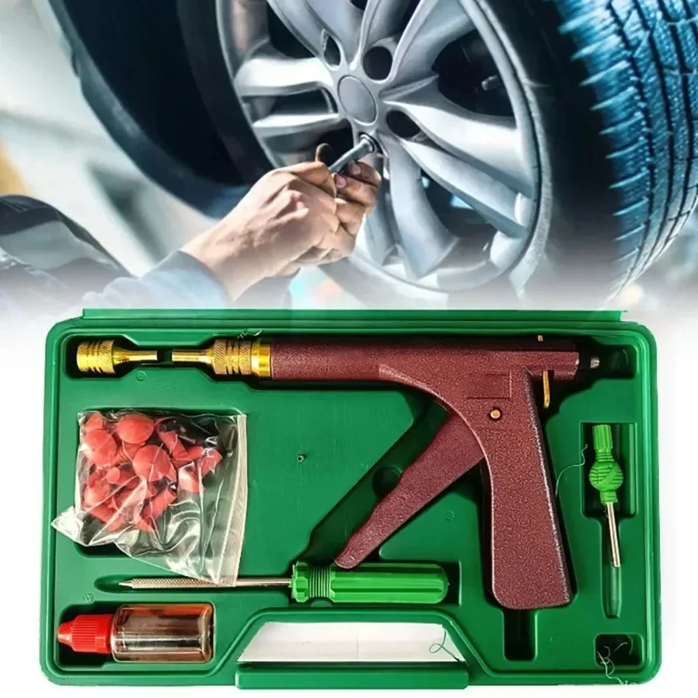 Car Motorcycle Bike Tubeless Tire Repair Puncture Plug Vacuum Tire Repair Gun Car Tire Block Air Leaking Kit With Rubber Nails