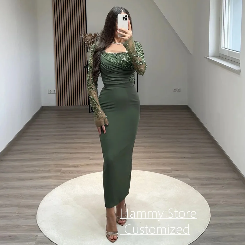 Red Evening Dress Customized Long Sleeves Square Neck Beading Pearls Ankle Length Arabian Prom Gown Cocktail Party Dresses
