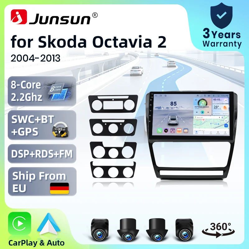 Systèmes stéréo intelligents Android 15 de 10 pouces Junsun pour Skoda Octavia 2 A5 2004-2013, autoradio sans fil CarPlay, commande vocale AI, écran tactile IPS, lecteur multimédia intelligent, unité principale 2 Din, GPS, Mirror Link, Bluetooth automobile, 4G, FM, AM, DSP, RDS, SWC