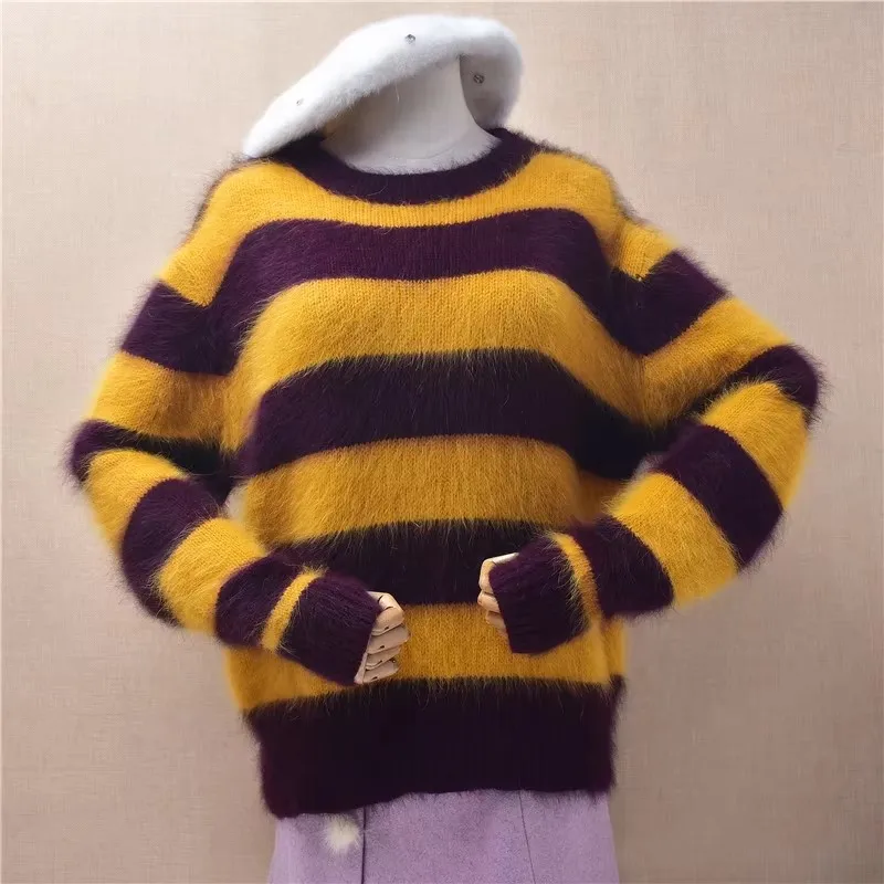 Ladies Women Autumn Winter Colored Hairy Mink Cashmere Knitted O-Neck Long Sleeves Loose Pullover Angora Fur Sweater Jumper Pull
