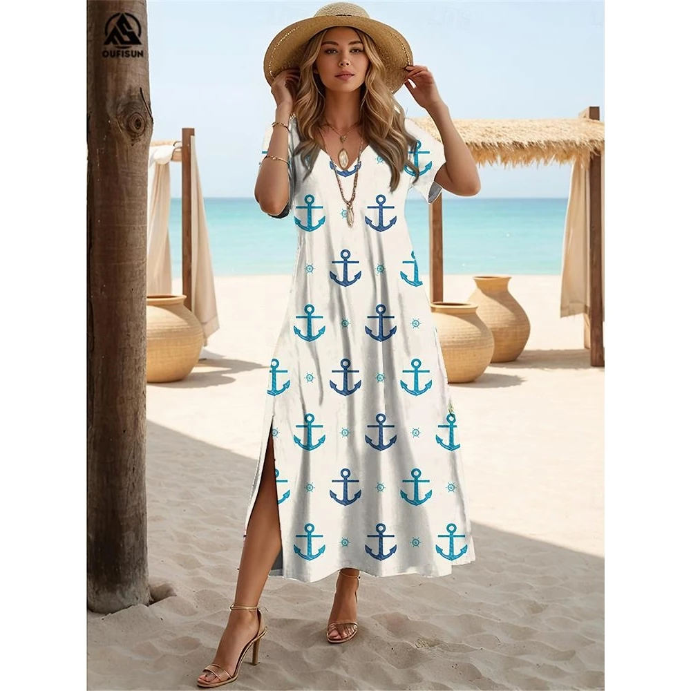 Anchor Print Summer Elegant Dresses Clothing Women's Short Sleeve Slit Dresses Fashion Oversize Clothing Blue-White Streetwear