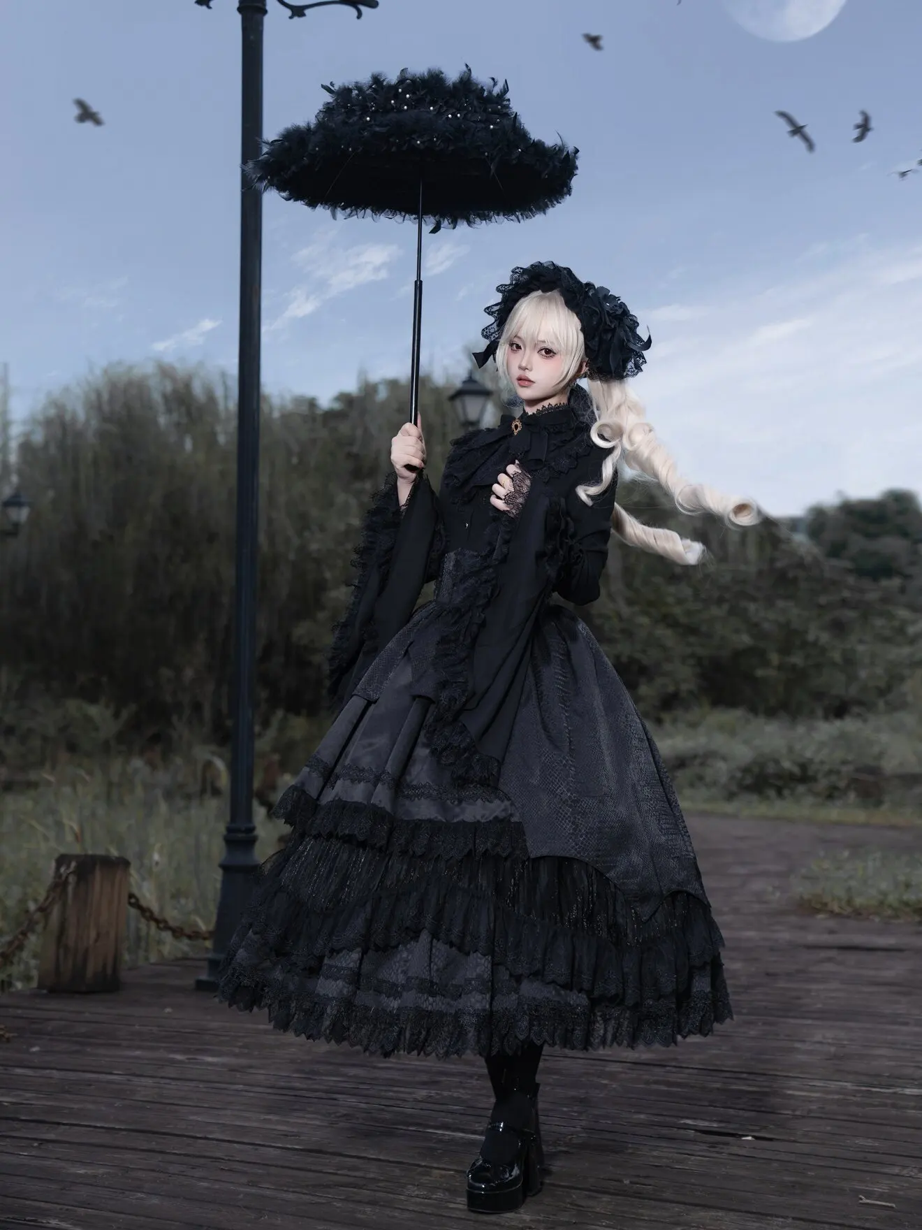 Coalfell【Broken Wing Sky Bat】Lolita Eternal Taboo Gothic Style Gorgeous Lace Bandage Slim Shirt High Waist Black Long Skirt Suit