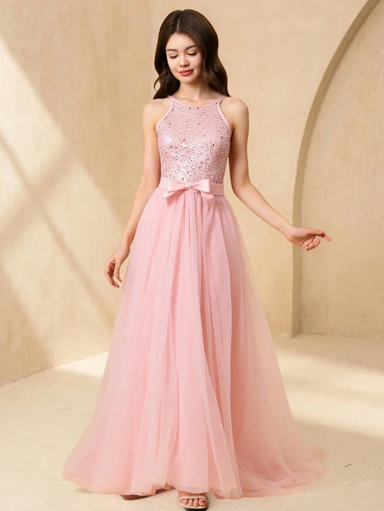 

Pink Sequin Halter Neck A-Line Long Prom Dress For Women