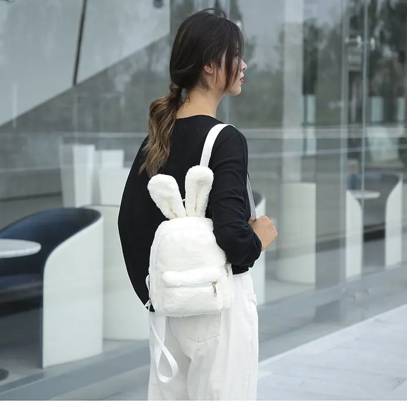 Mini mochila de felpa con Orejas de conejo para mujer, bolso esponjoso liso de piel sintética, mochilas peludas Kawaii para chicas adolescentes,