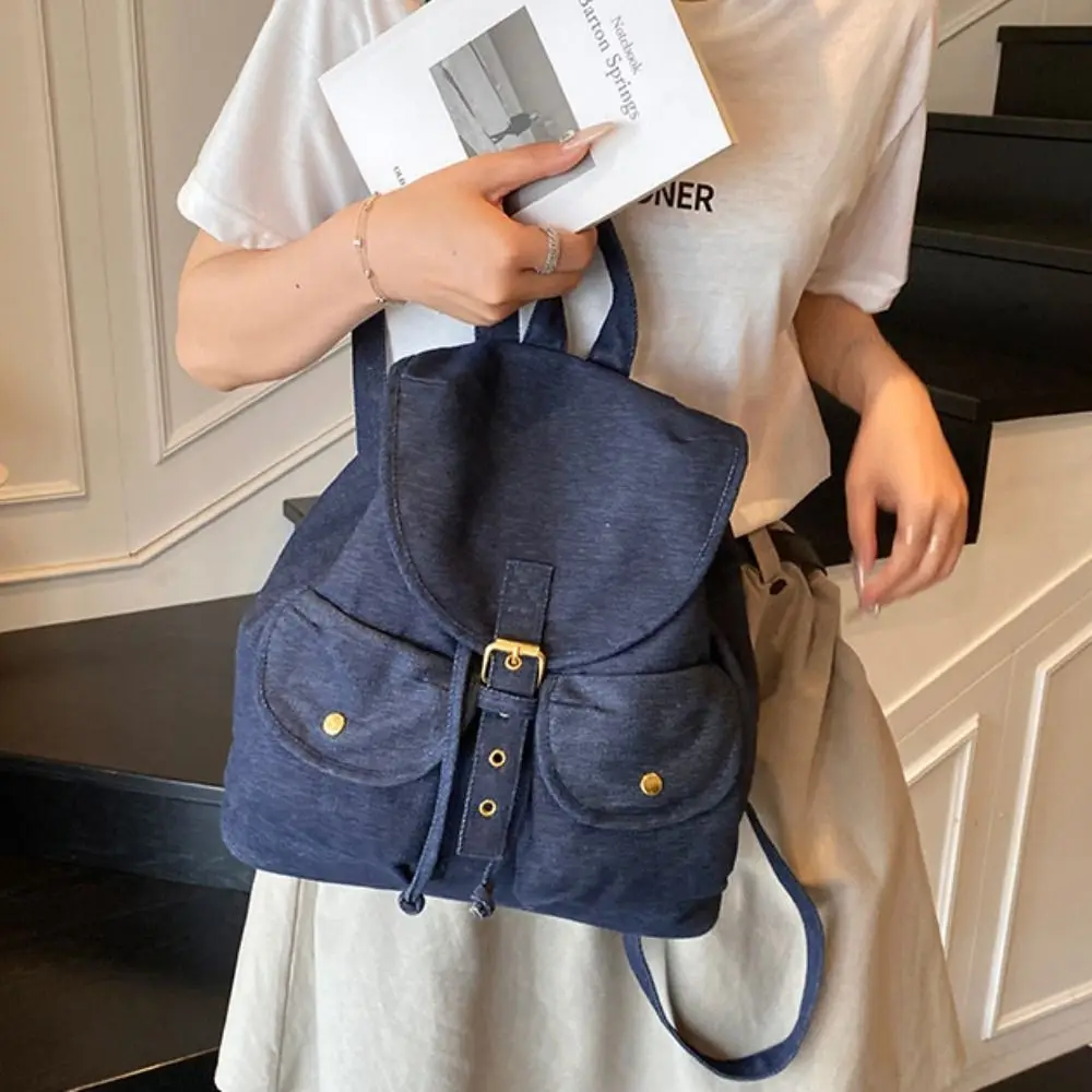 韓国スタイルのデニム巾着バックパックマルチポケット大容量オックスフォード布ショルダーバッグ防水多用途