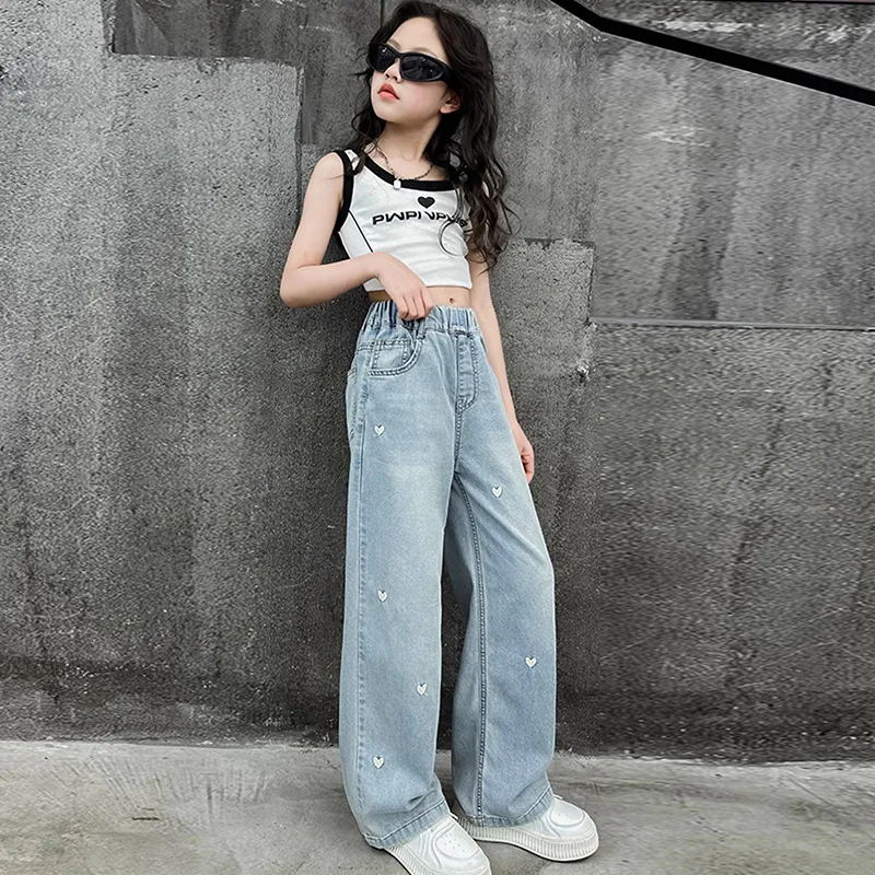Summer Thin Style Girls Denim Pants Casual Style Children's Straight Leg Wide Leg Pants Baby Girl Fashionable All-match Jeans