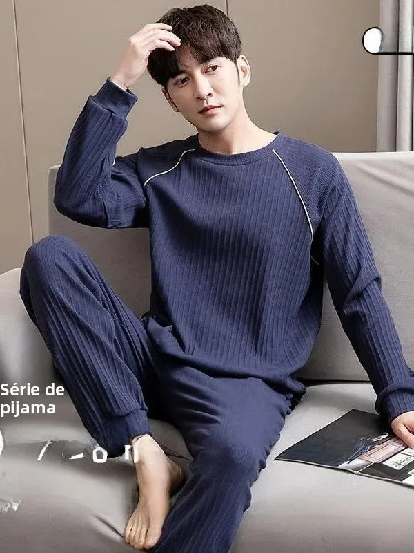 men's-pure-cotton-sleepwear-long-sleeve-home-clothes-set-plus-size-autumn-winter-seasonal-comfortable-breathable-nightgown