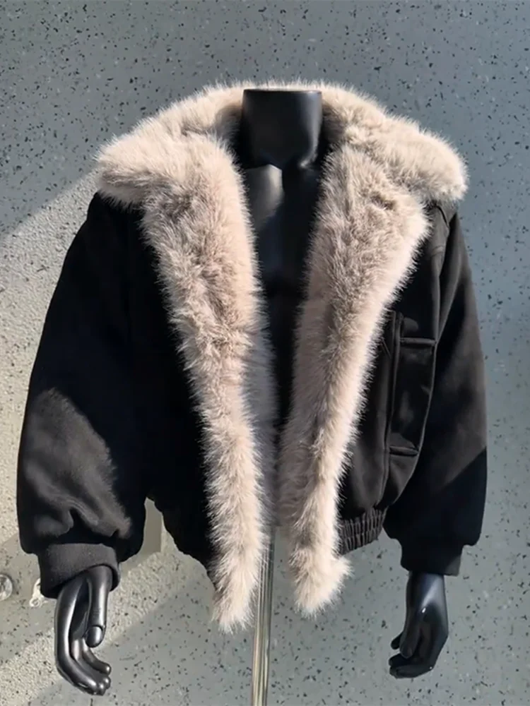 

Bla Thiened Suede Cotton Jaet Men's Winter Warm Zipper Closure Coat with Large Fur Collar Casual Youth Faion