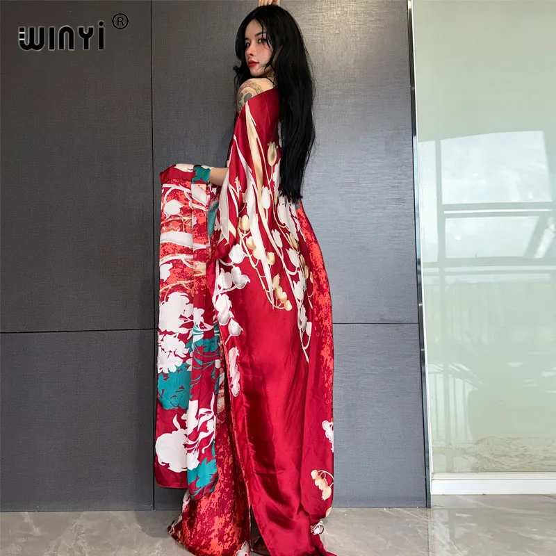 WINYI Africa summer Long Dress with belt Women fashion Print kaftan Casual Elegant Holiday summer Maxi silk Bohemian party dress