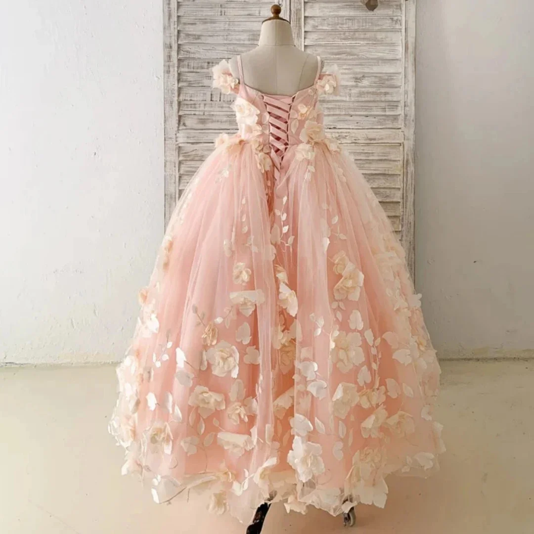 

Customized Peach Flower Girl Dress Wedding Birthday Party Tulle Petals Flowers Appliques For Prom Evening Banquet Princess Gown