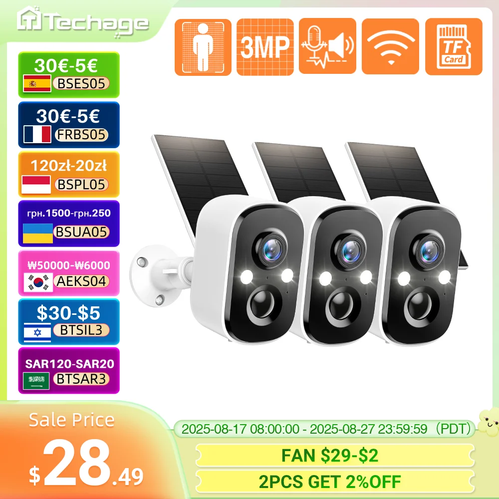 Techage 1/3/5pc 3MP Batteria Solare Senza Fili Telecamera IP di Sicurezza Esterna WiFi PIR Telecamera Audio Bidirezionale Rilevamento Umano Supporto Alex