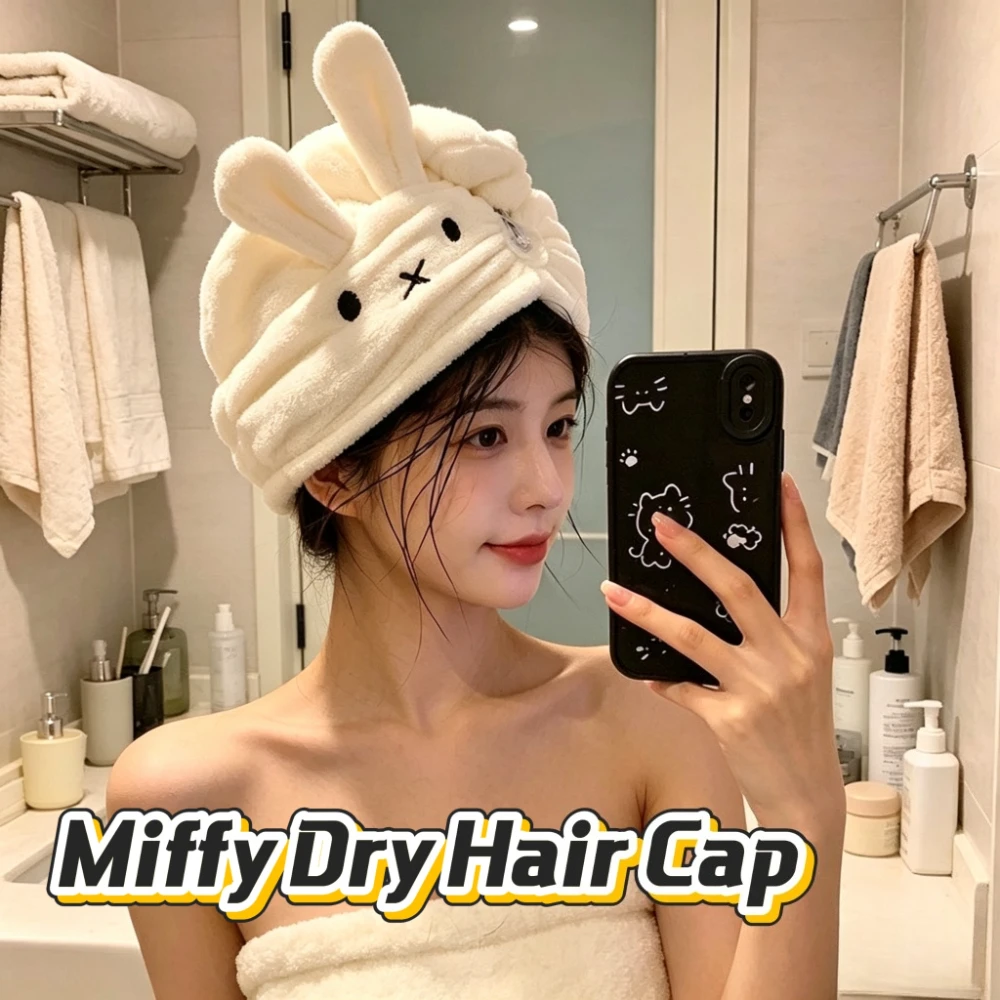 Niedliche Miffy-Kaninchen Trockenhaarkappe Saugfähiges Schnelltrocknendes Handtuch Shampoo Haube für Zuhause Kopftuch Miffy Paar-Geschenke