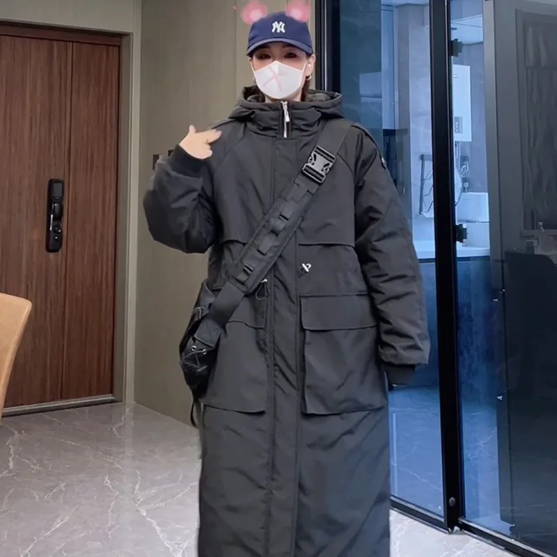 

Cotton Padded Women Oversized Knee Length Casual and Versatile Slimming Black Cold Resistant Couple Style Hooded Thick Coat