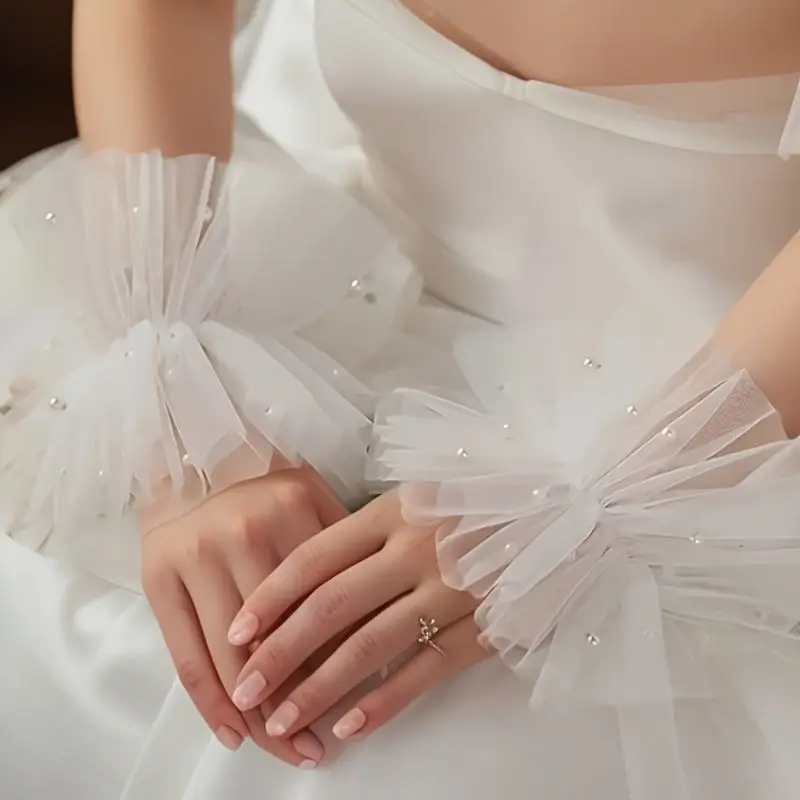 Simple Pearl Sheer Mesh Bridal Wedding Sleeves Short Hand Sleeves White Wrist Flower Photography Sleeves Travel Wedding