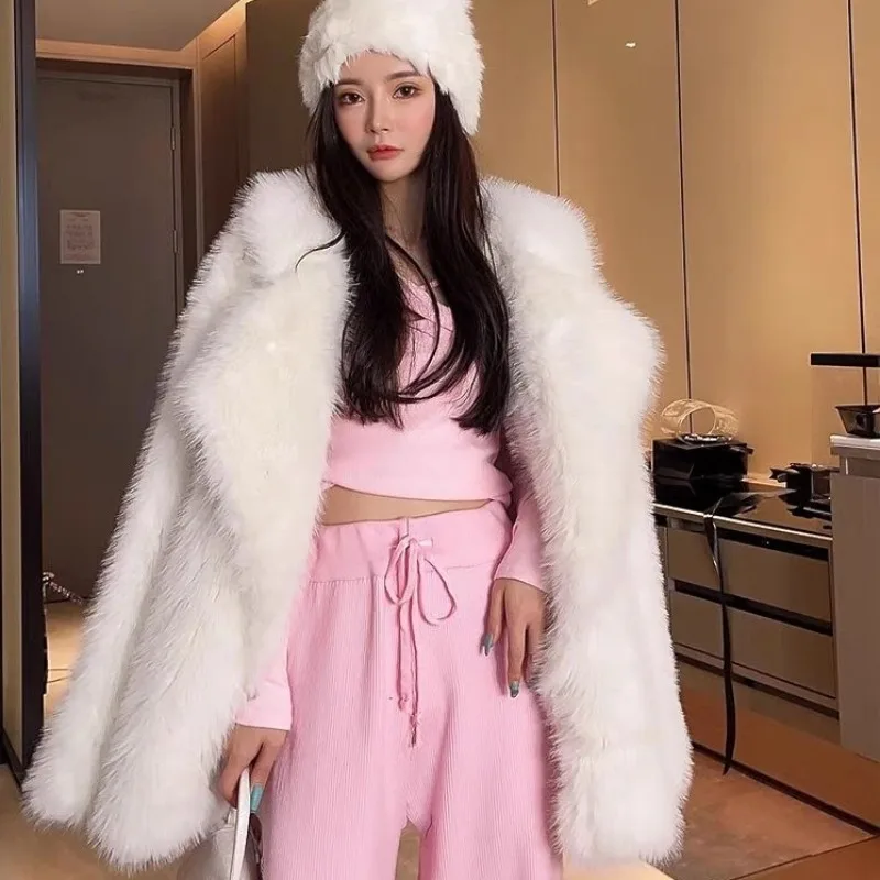 2023 Winter New Women Imitation Fox Fur Jacket Mid-Length Loose Suit Environmental Fur Outcoat Fashion Casual Pure Color Outwear