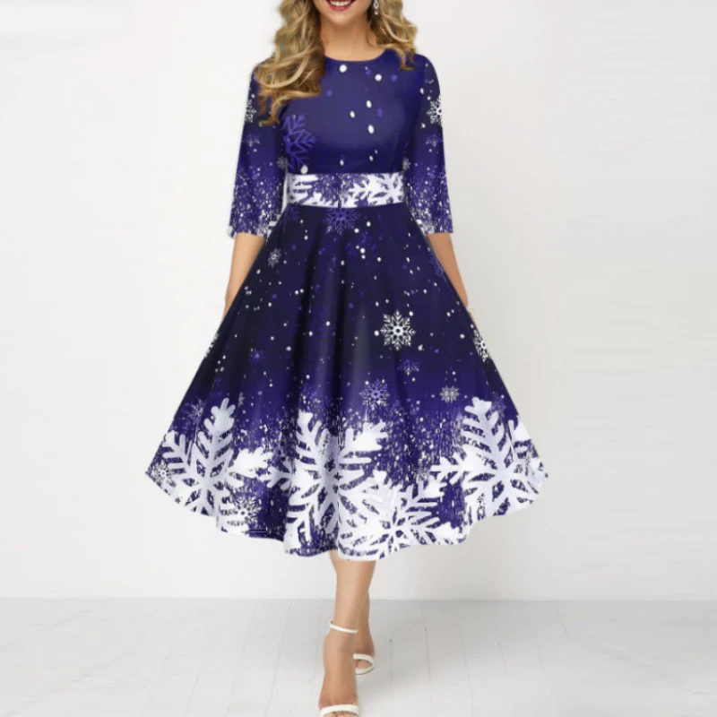 فستان عيد الميلاد للنساء برقبة دائرية 3/4 كم فساتين حفلات على شكل حرف a للنساء فستان ميدي مطبوع على الموضة فستان سهرة أحمر #6