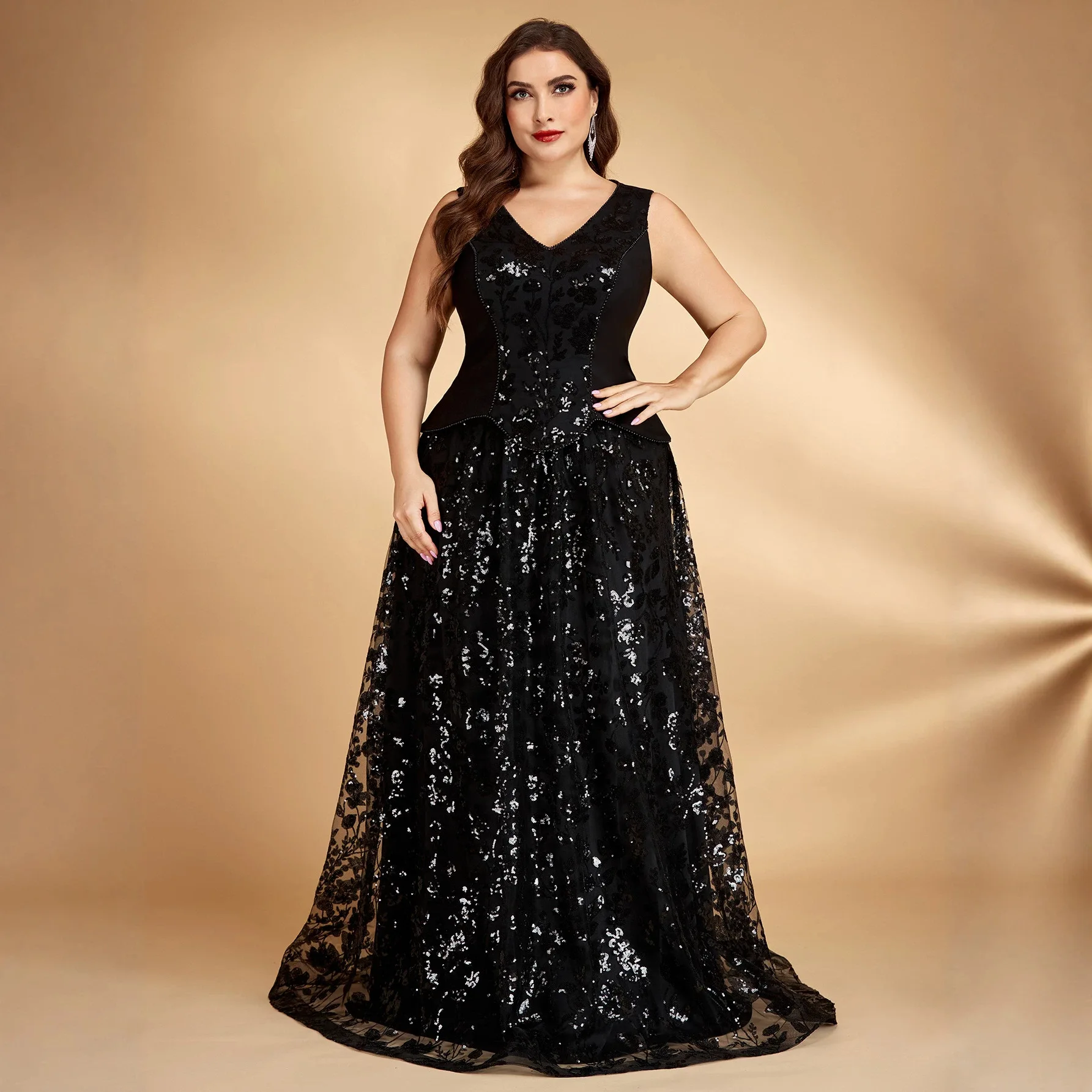

Plus Size Black V Neck Sleeveless Fitted Peplum Floral Sequin Tulle Maxi Dress Empire Waist A Line Evening Gown