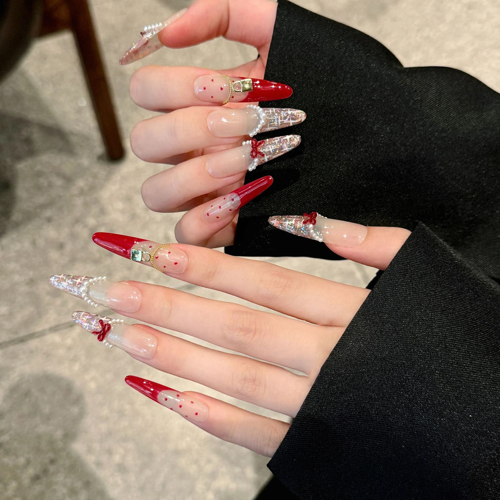 

Handmade Long Oval Press on Nails Sweet Red Bow French Fake Nails Full Cover Wearable Shiny Sequins Korean Cute False Nail Tips